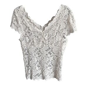 Y2K Active USA All Lace Top Womens Large White Short‎ Sleeve Floral Sheer Blouse